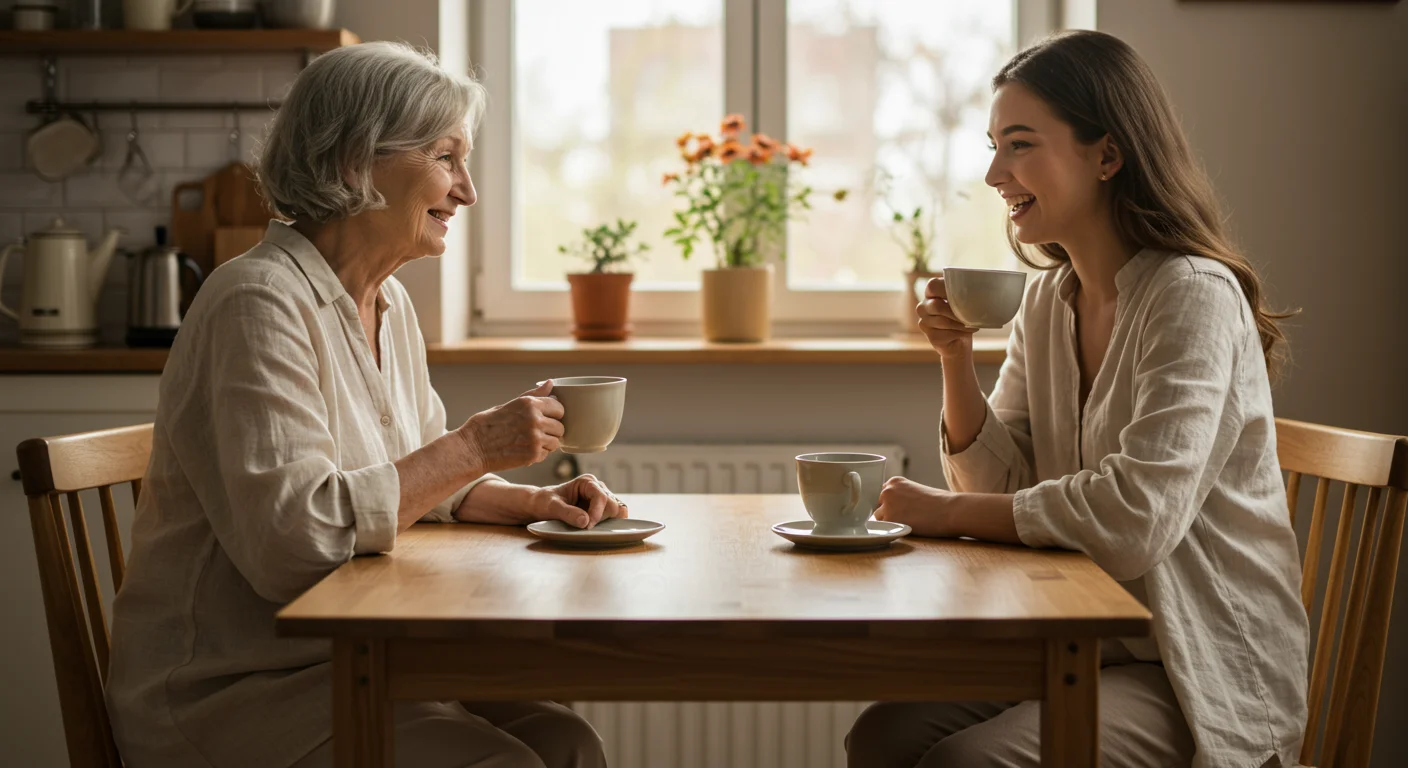 Grandmother and granddaughter sitting together at a table, sharing a cup of tea and conversation