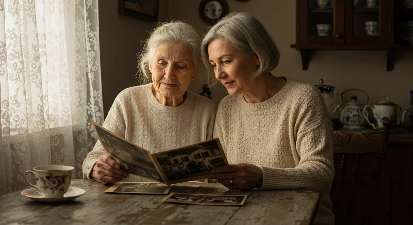 Grandmother and granddaughter looking through old family photographs together at a kitchen table